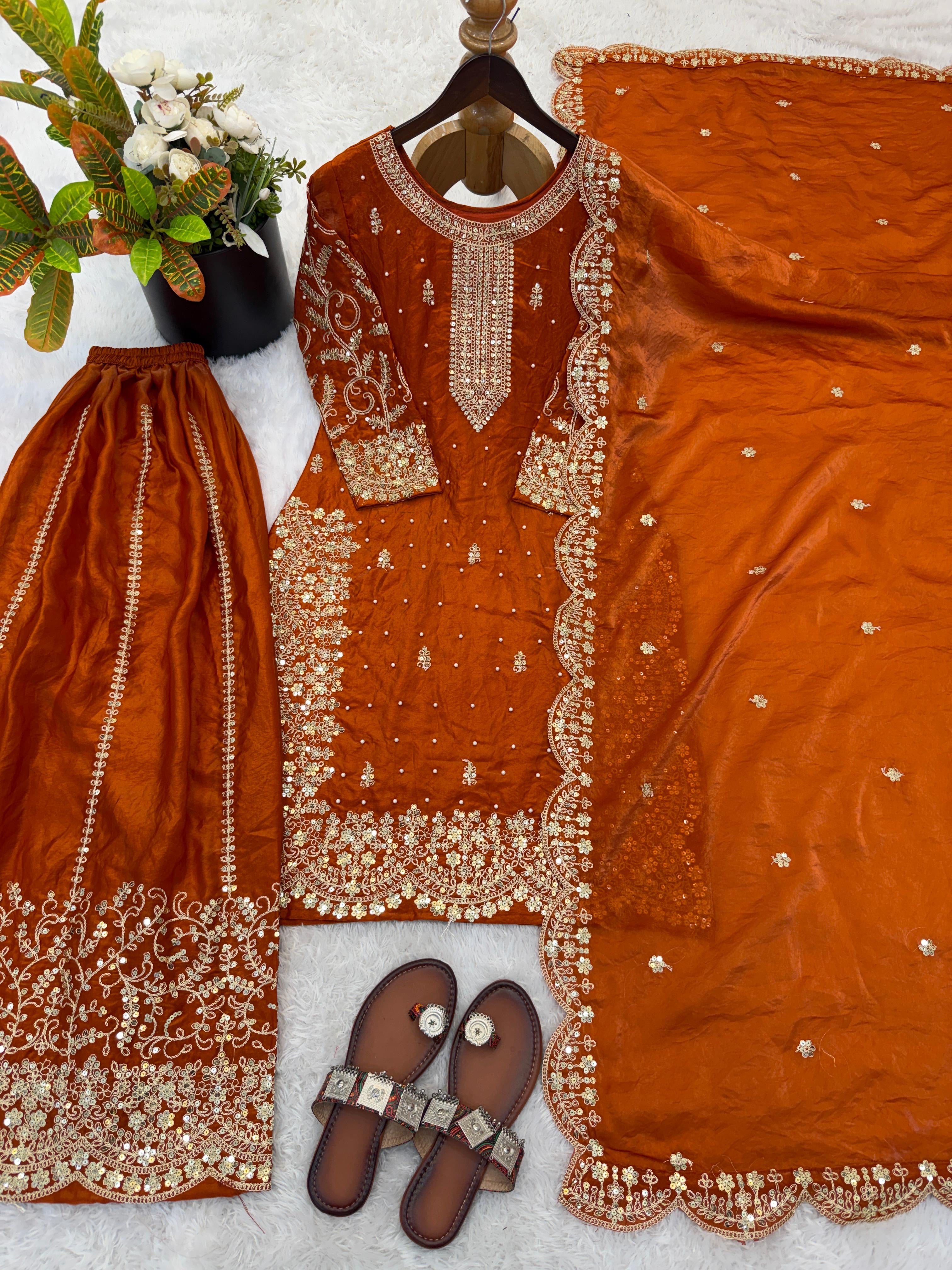 Rust Orange Fendy Silk Sharara Set with Coding & Sequins Embroidery