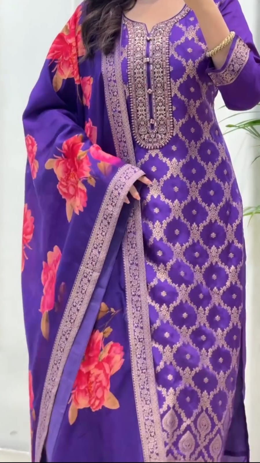 Elegant Purple Banarasi Silk Suit Set with Floral Dupatta