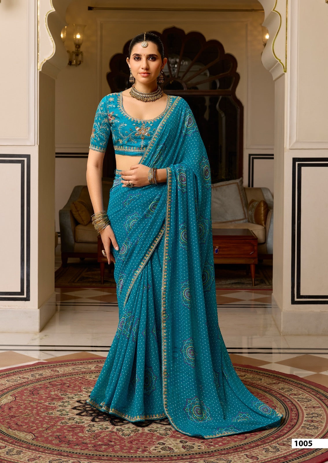Georgette Embroidered Saree with Meena Border & Designer Blouse