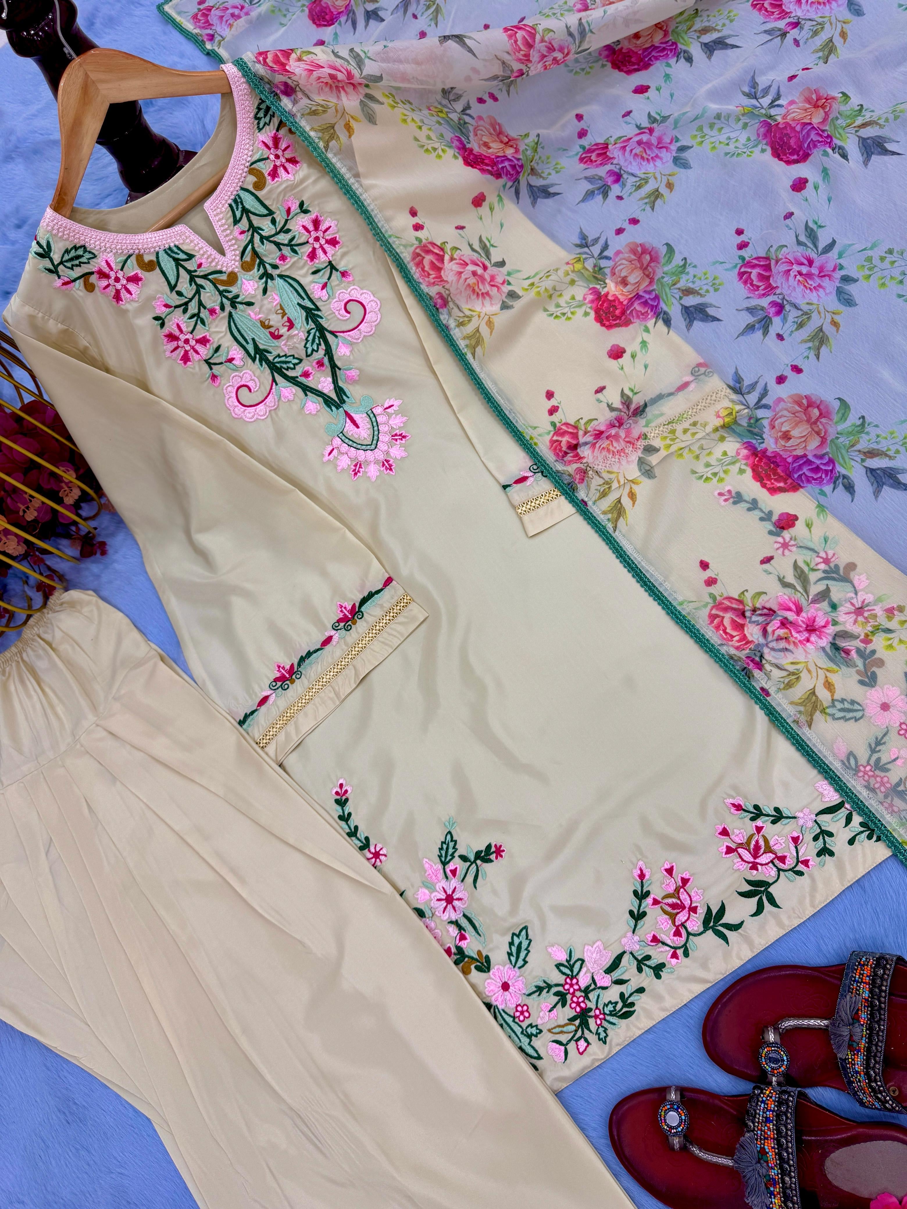 ✨ Cream Floral Embroidered Kurta Set with Farshi Palazzo & Dupatta✨
