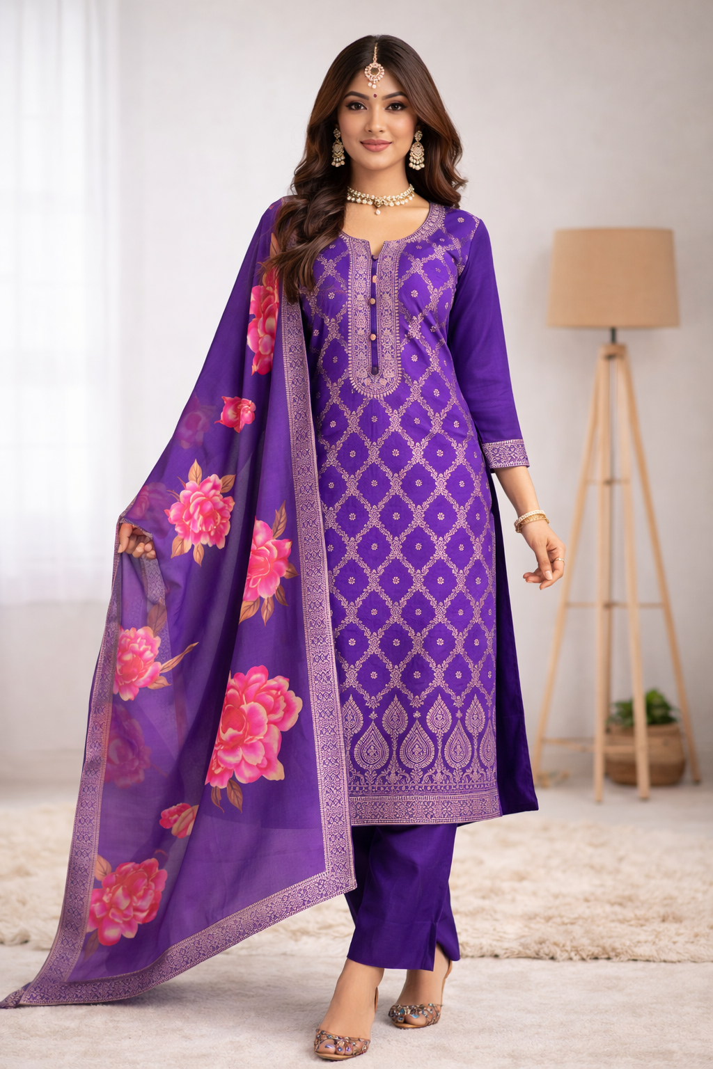 Elegant Purple Banarasi Silk Suit Set with Floral Dupatta