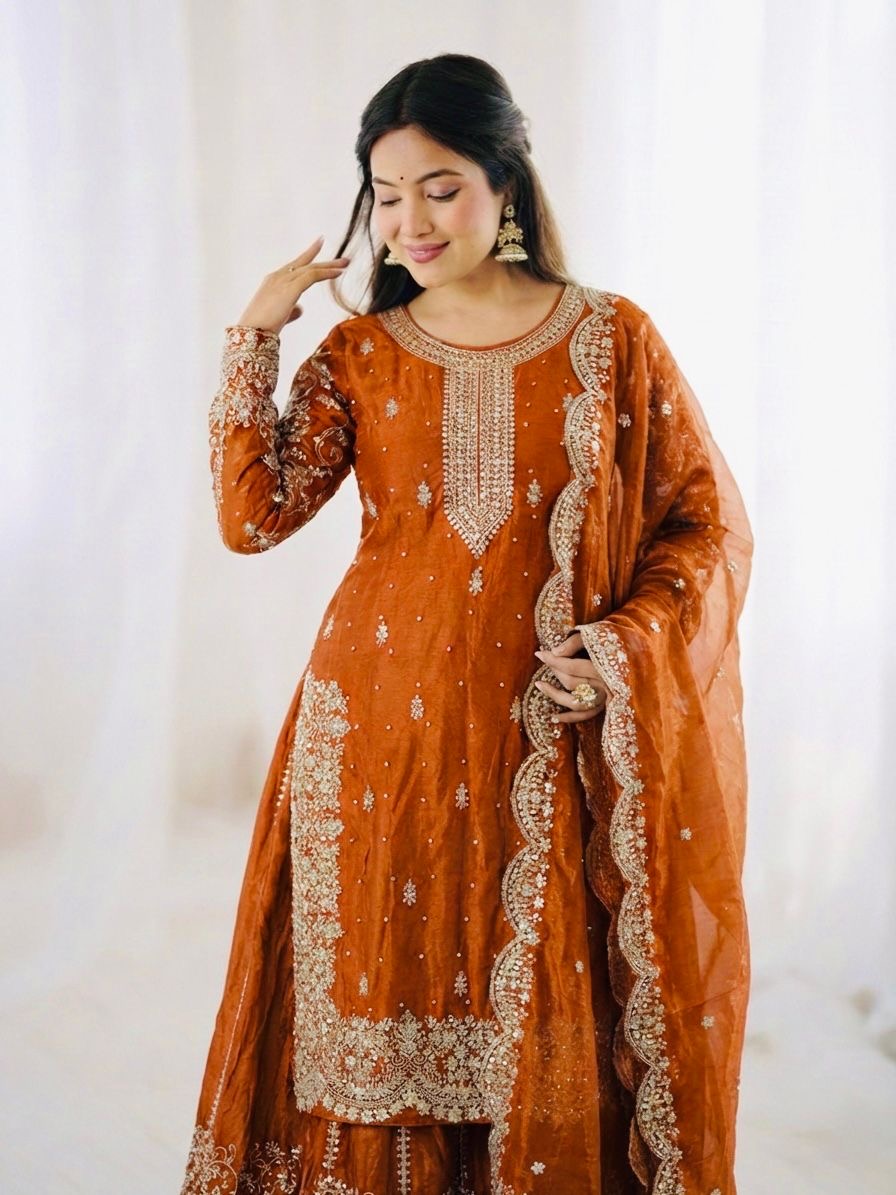 Rust Orange Fendy Silk Sharara Set with Coding & Sequins Embroidery