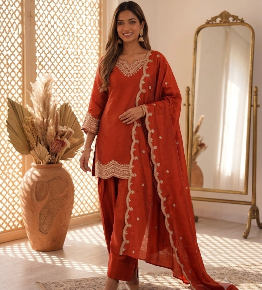 Rust Glass Roman Silk Embroidered Farshi Suit Set with Dupatta | House of Nazam