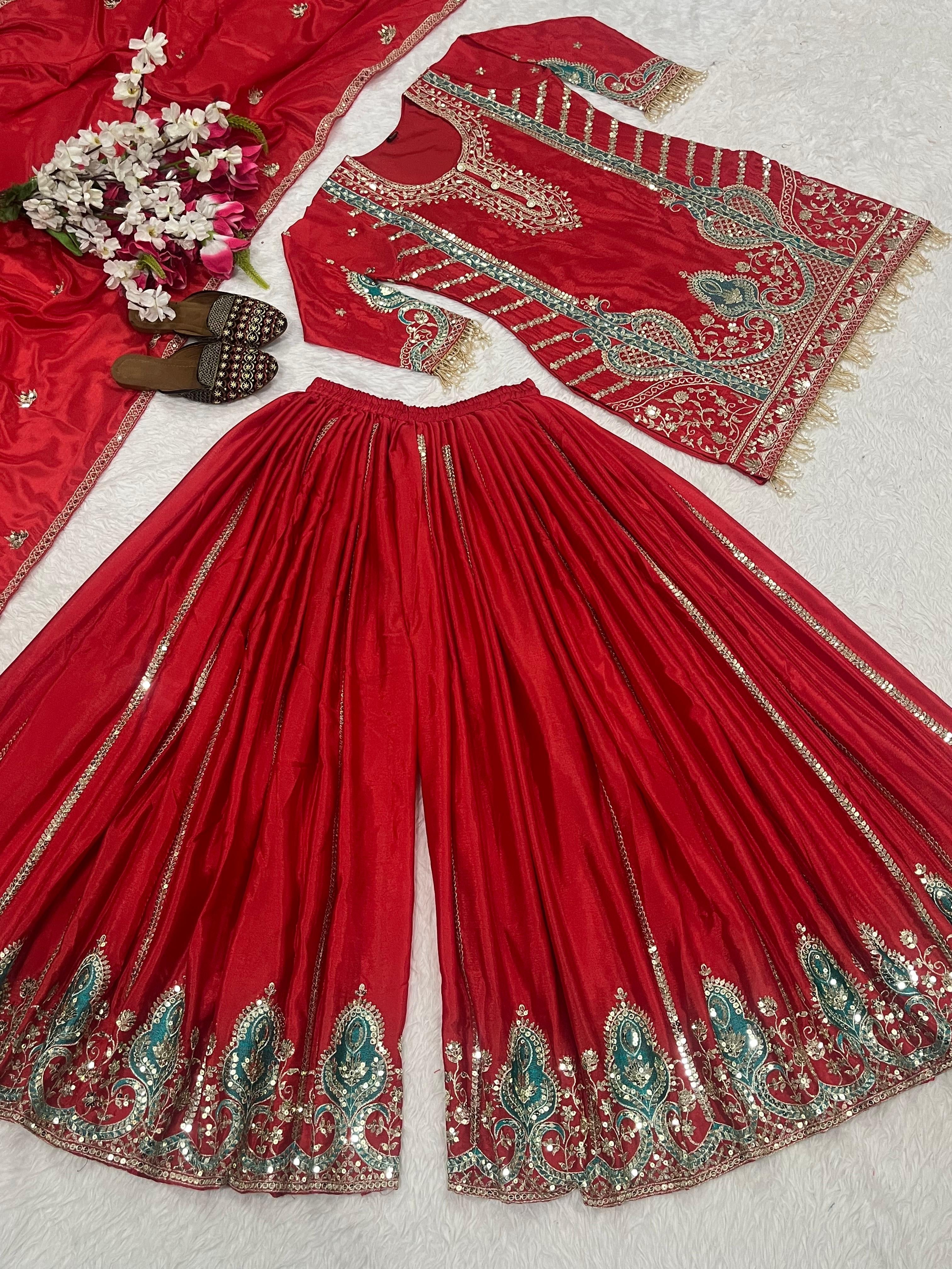 Chinon Silk Sequins Embroidered Kurta & Sharara Palazzo Set