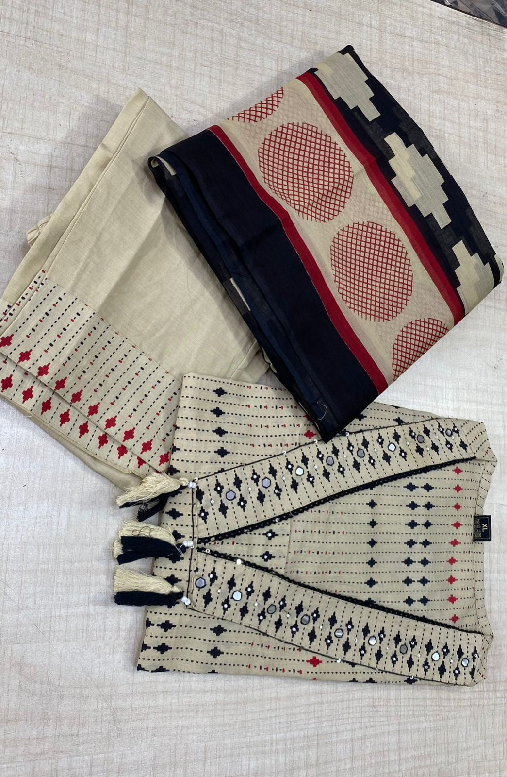 Premium Cotton Kurti Pant Dupatta Set with Mirror Work