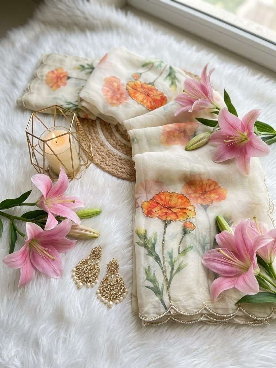 ✨ White London Floral Tabby Silk Organza Saree✨