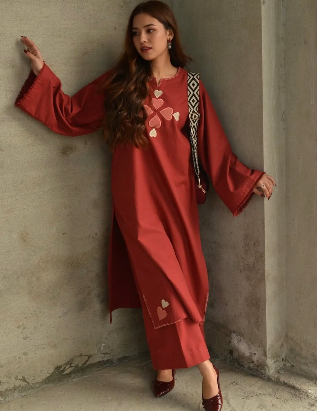 Premium Cotton Kurti Pant Set (Red & Teal Grey)