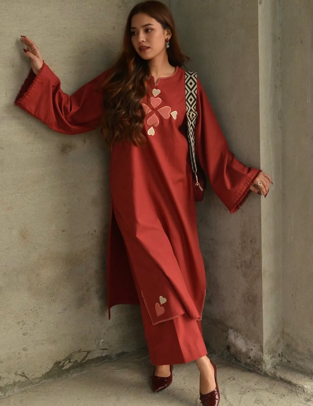 Premium Cotton Kurti Pant Set (Red & Teal Grey)