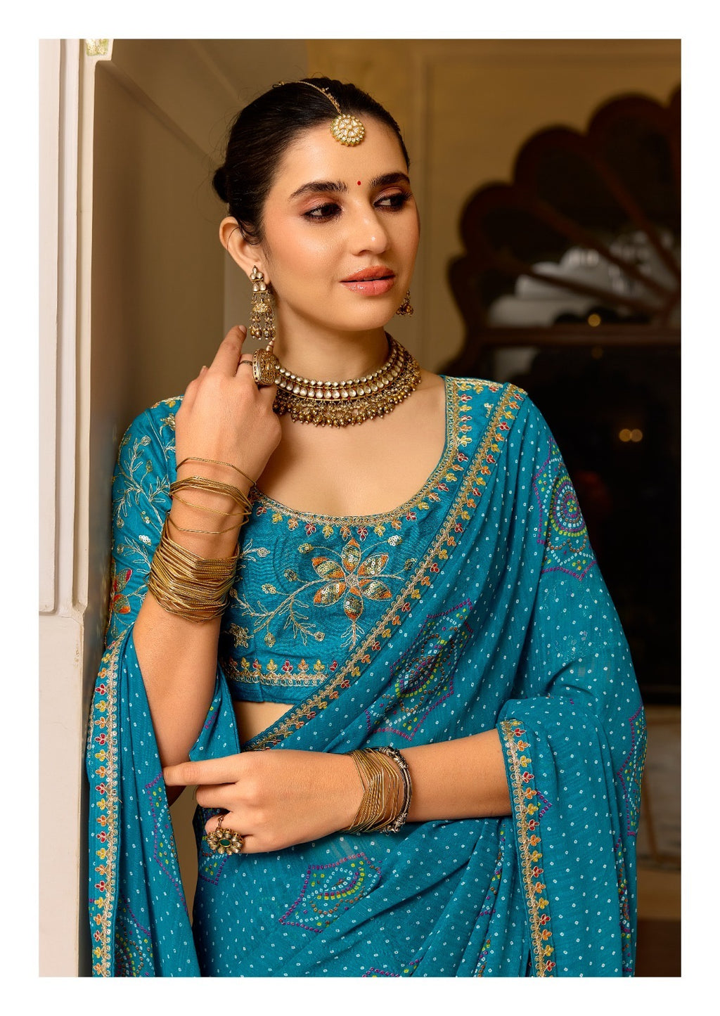 Georgette Embroidered Saree with Meena Border & Designer Blouse