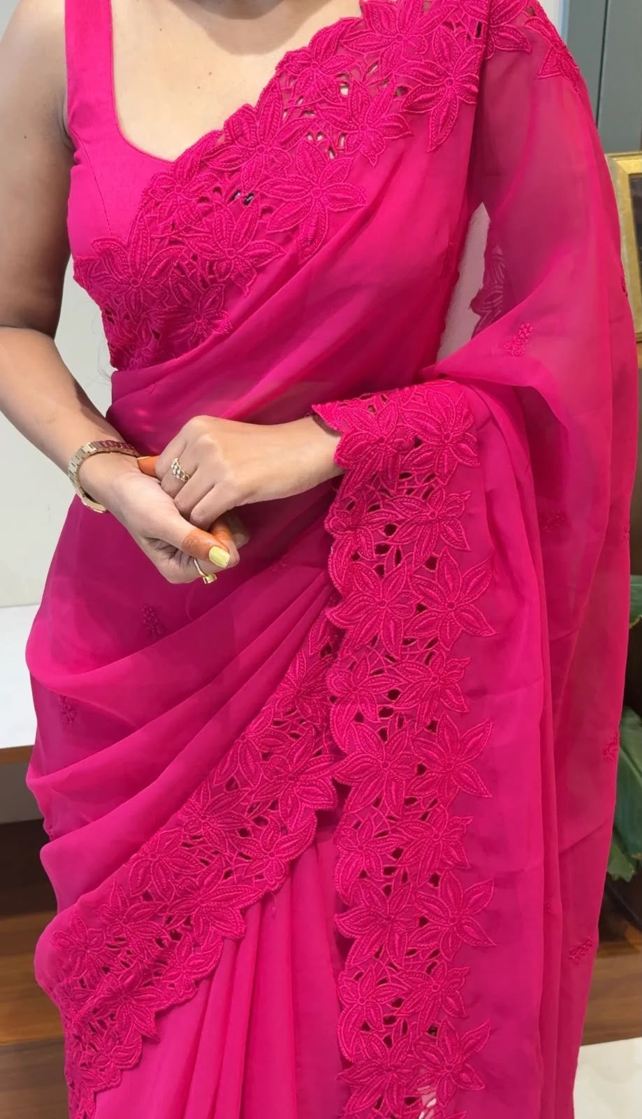 Pure Georgette Cutwork Floral Embroidered Saree with Blouse