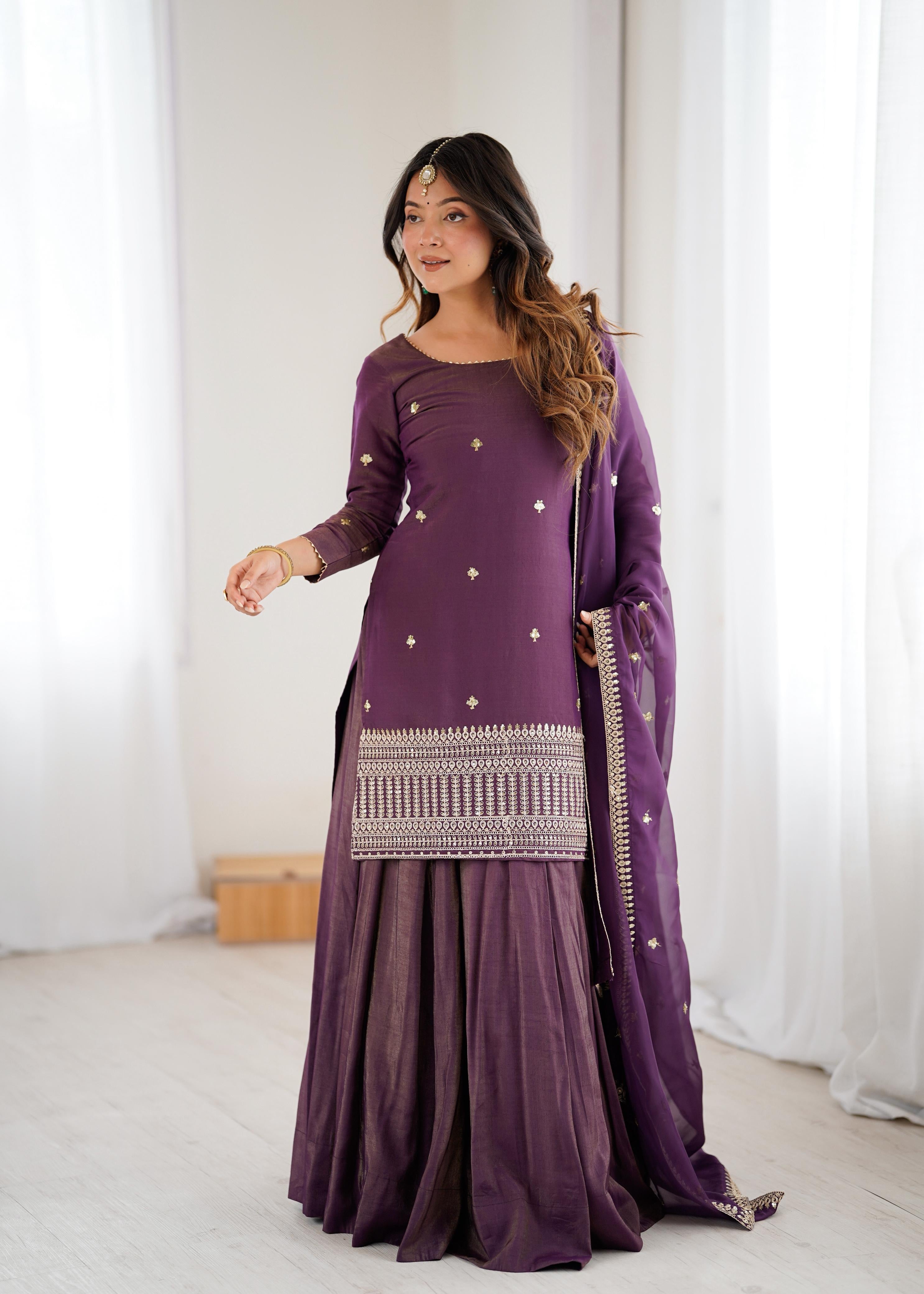 Royal Plum Roman Shimmer Chanderi Silk Kurta Lehenga Set with Zari Embroidery & Organza Dupatta