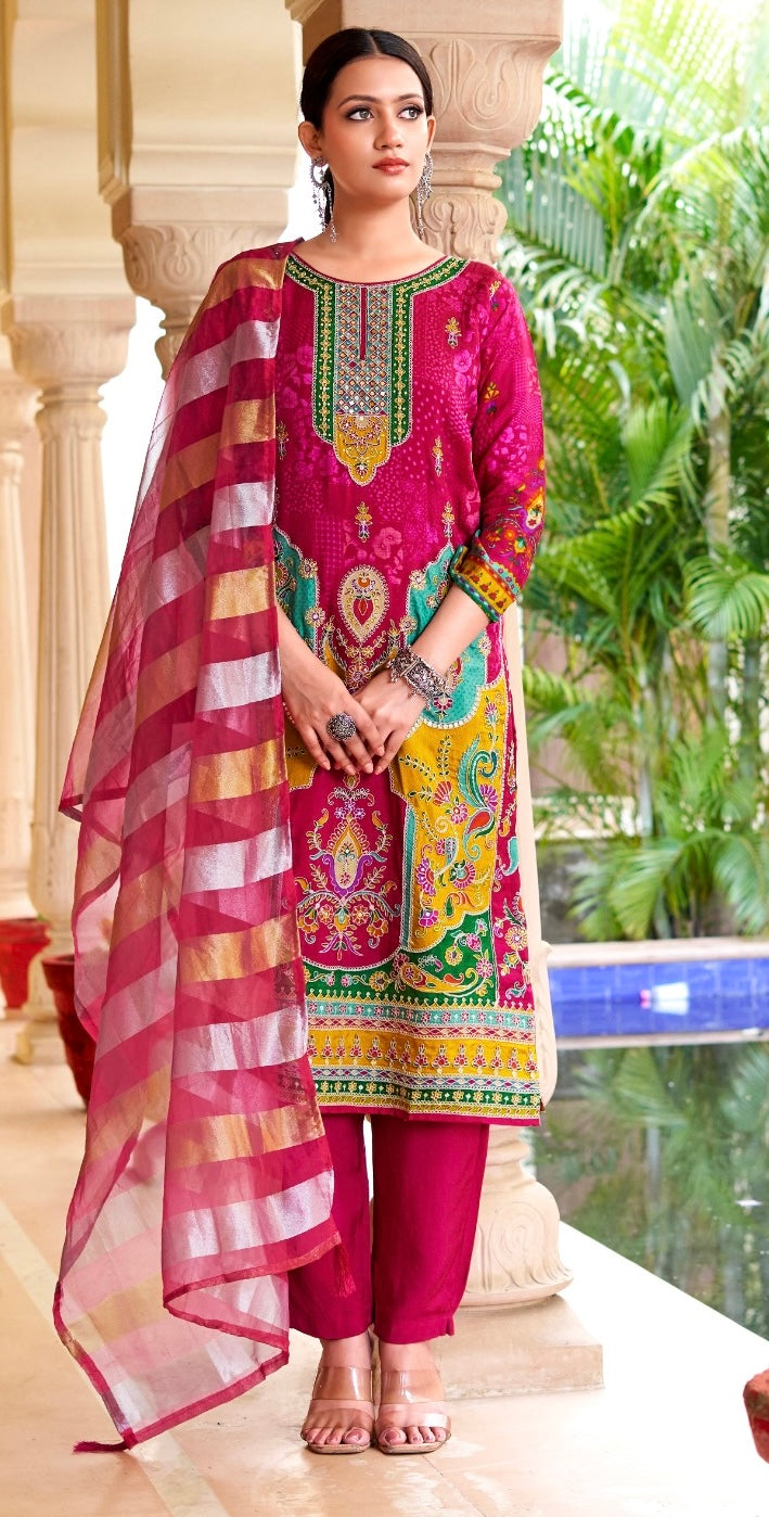 Elegant Dola Silk Position Print Suit Set with Jacquard Dupatta & Santoon Pants