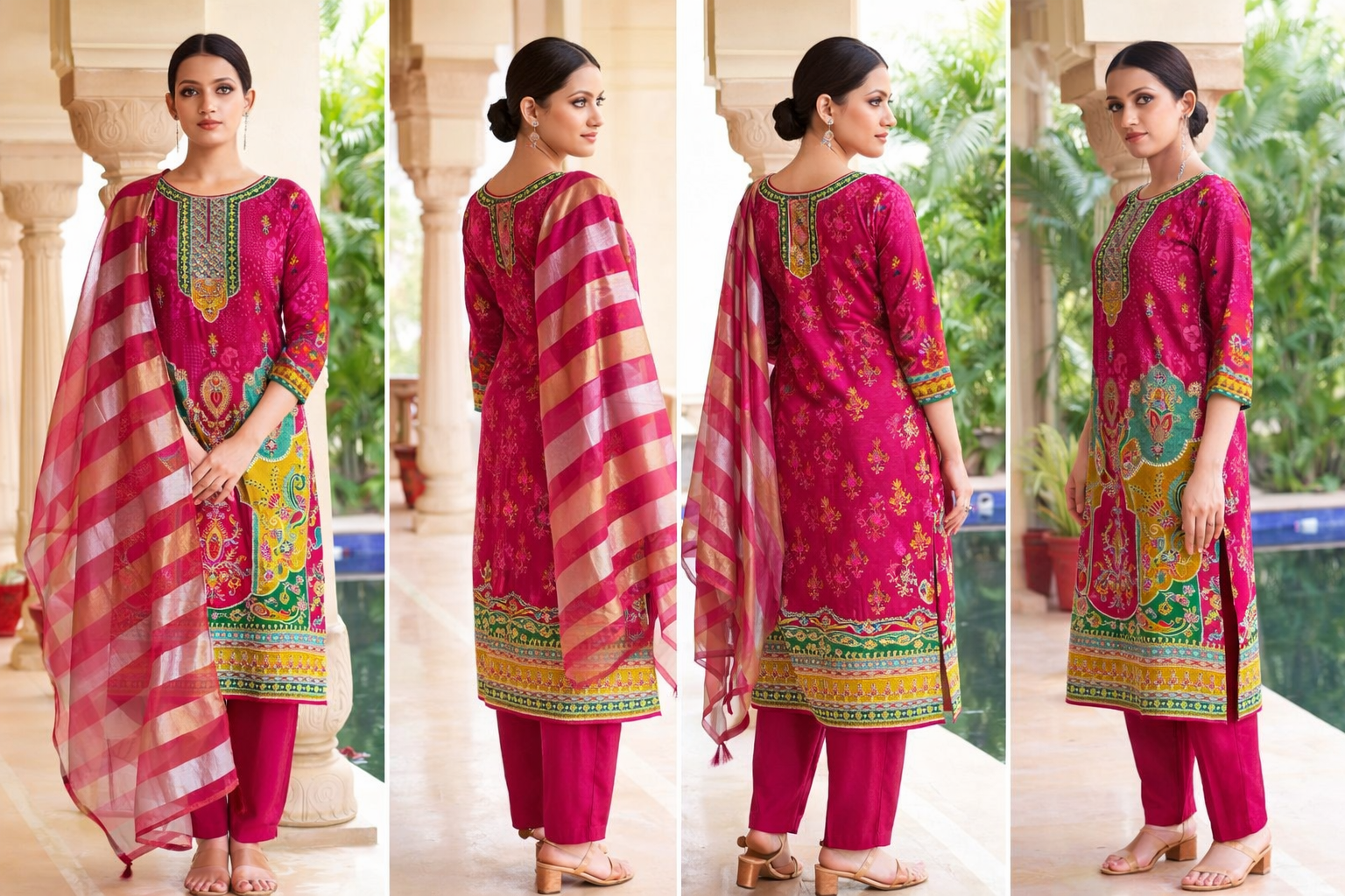 Elegant Dola Silk Position Print Suit Set with Jacquard Dupatta & Santoon Pants