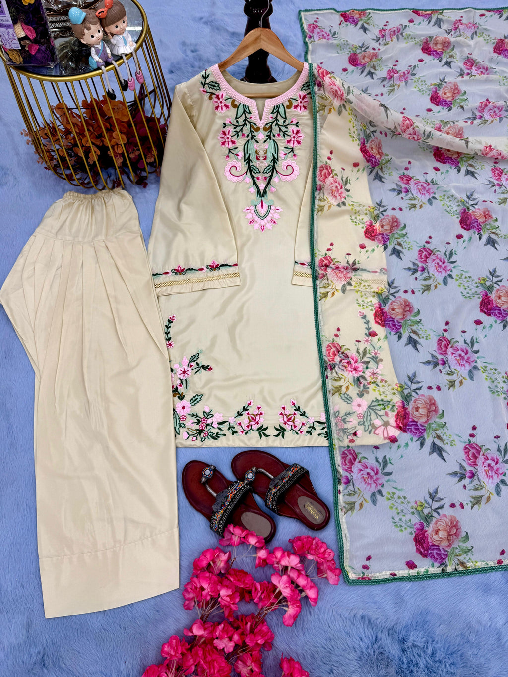 ✨ Cream Floral Embroidered Kurta Set with Farshi Palazzo & Dupatta✨