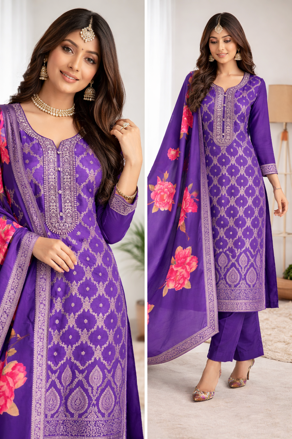 Elegant Purple Banarasi Silk Suit Set with Floral Dupatta