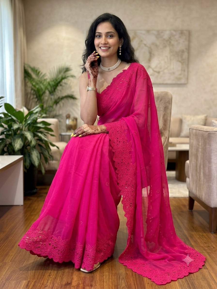 Pure Georgette Cutwork Floral Embroidered Saree with Blouse