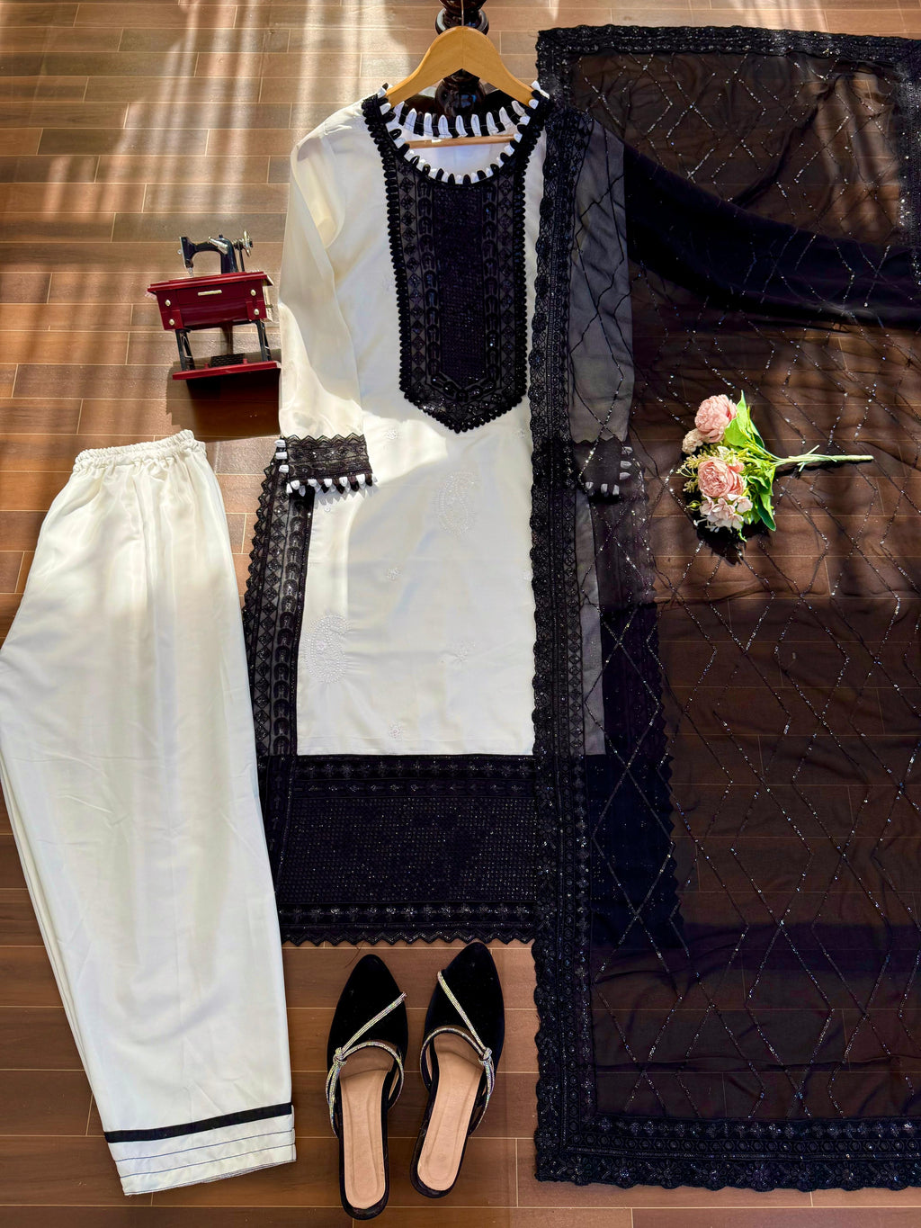 ✨ Designer Pakistani Suit Set – Elegant Black & White ✨