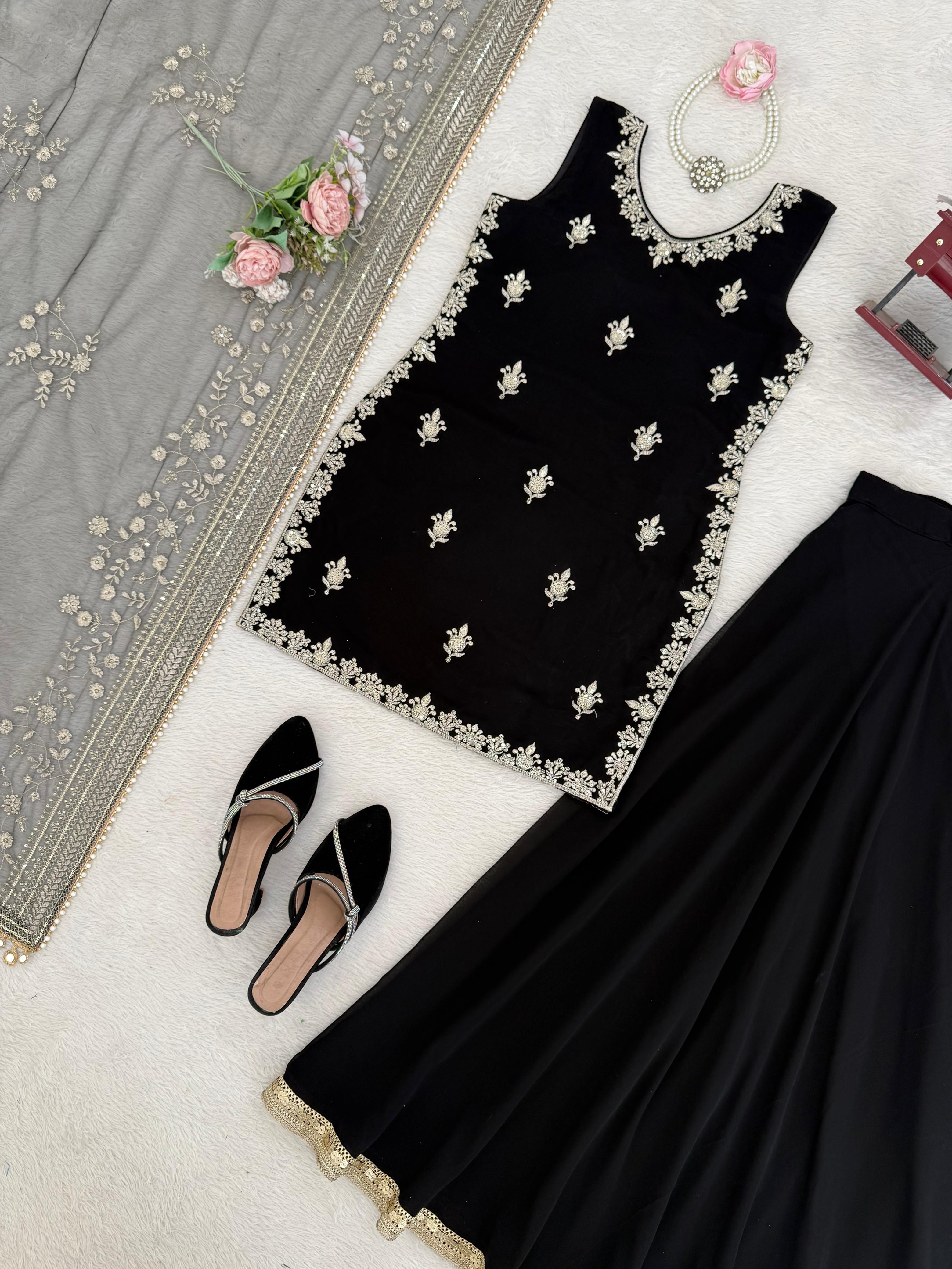 ✨ Designer Black Palazzo Set with Embroidered Dupatta✨