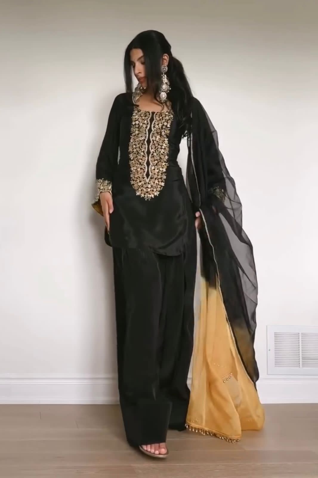 🖤 Black Designer Top with Trendy Farshi Salwar & Organza Dupatta