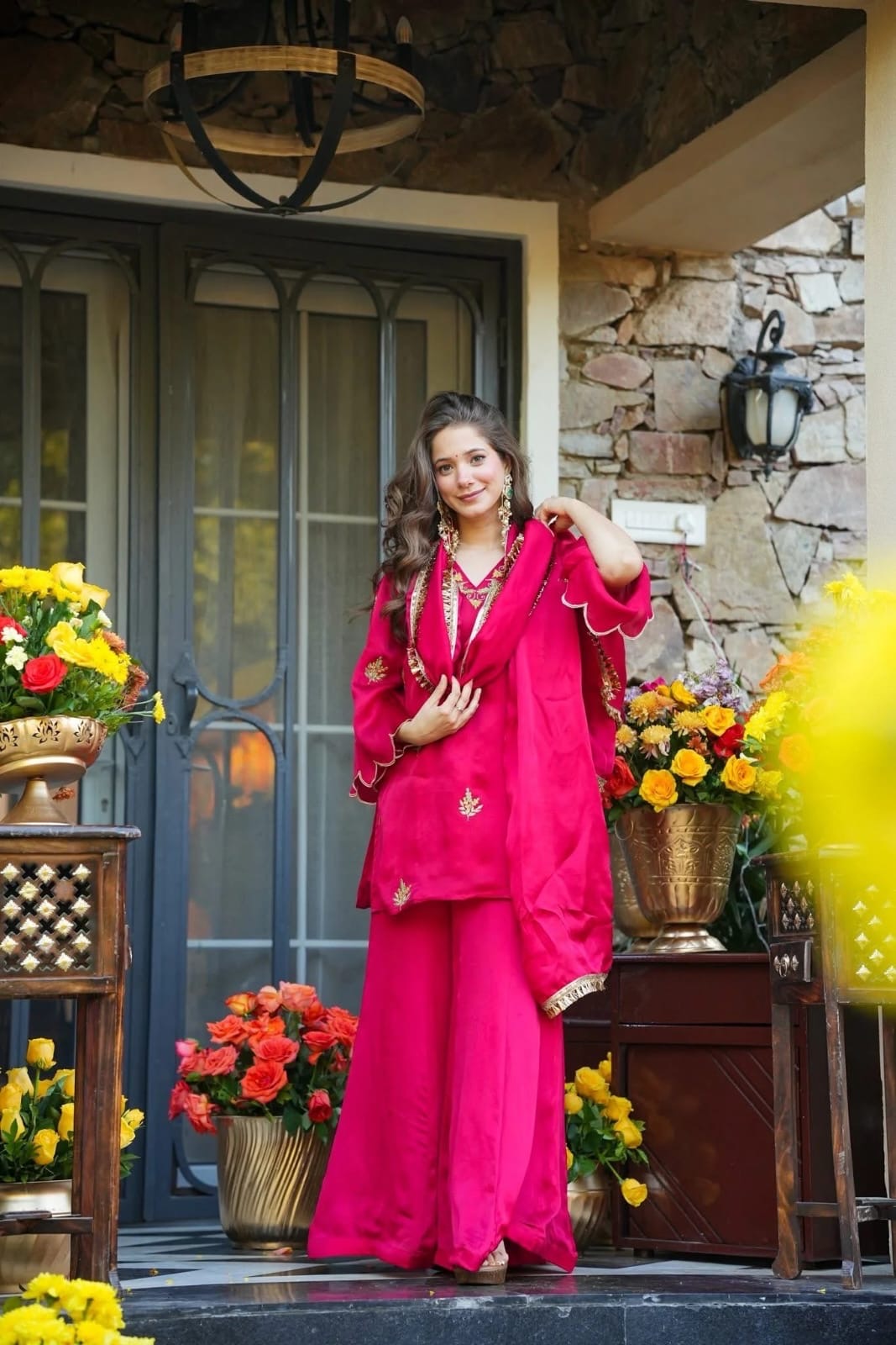 Magenta Pink Fendy Silk Embroidered Kurta Sharara Set with Lace Dupatta