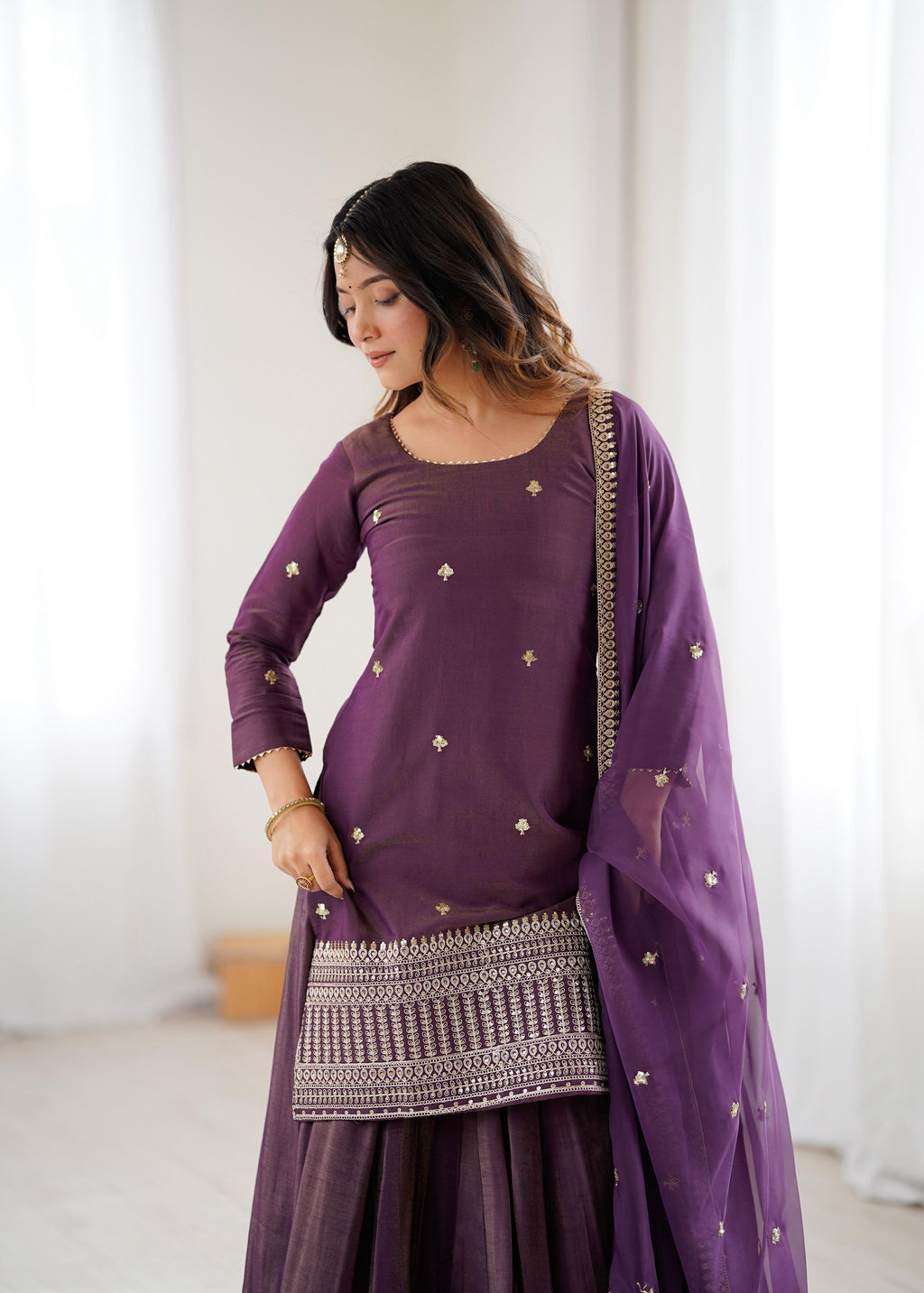 Royal Plum Roman Shimmer Chanderi Silk Kurta Lehenga Set with Zari Embroidery & Organza Dupatta