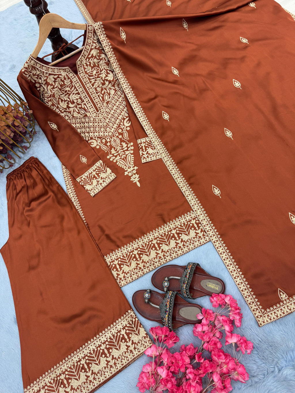 Chinon Silk Embroidered Kurti Palazzo Set with Dupatta