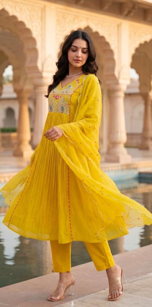Gulnaar Pleated Anarkali Set with Dupatta