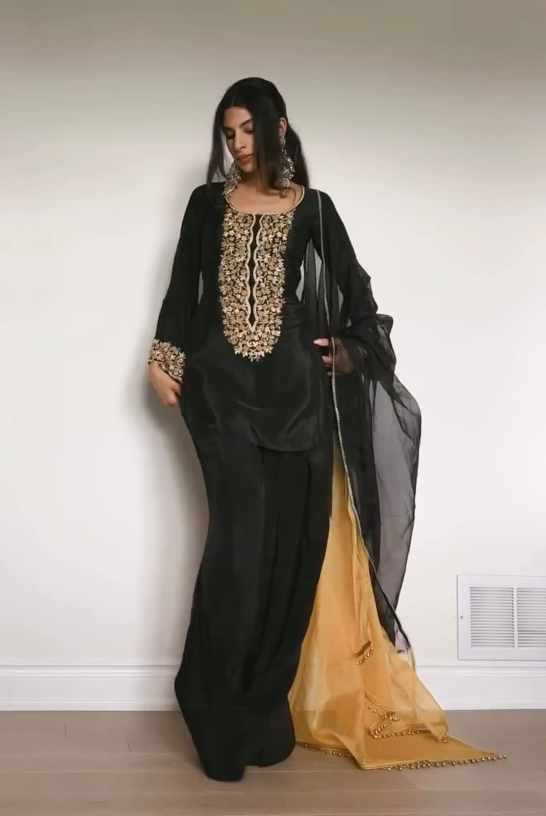 🖤 Black Designer Top with Trendy Farshi Salwar & Organza Dupatta