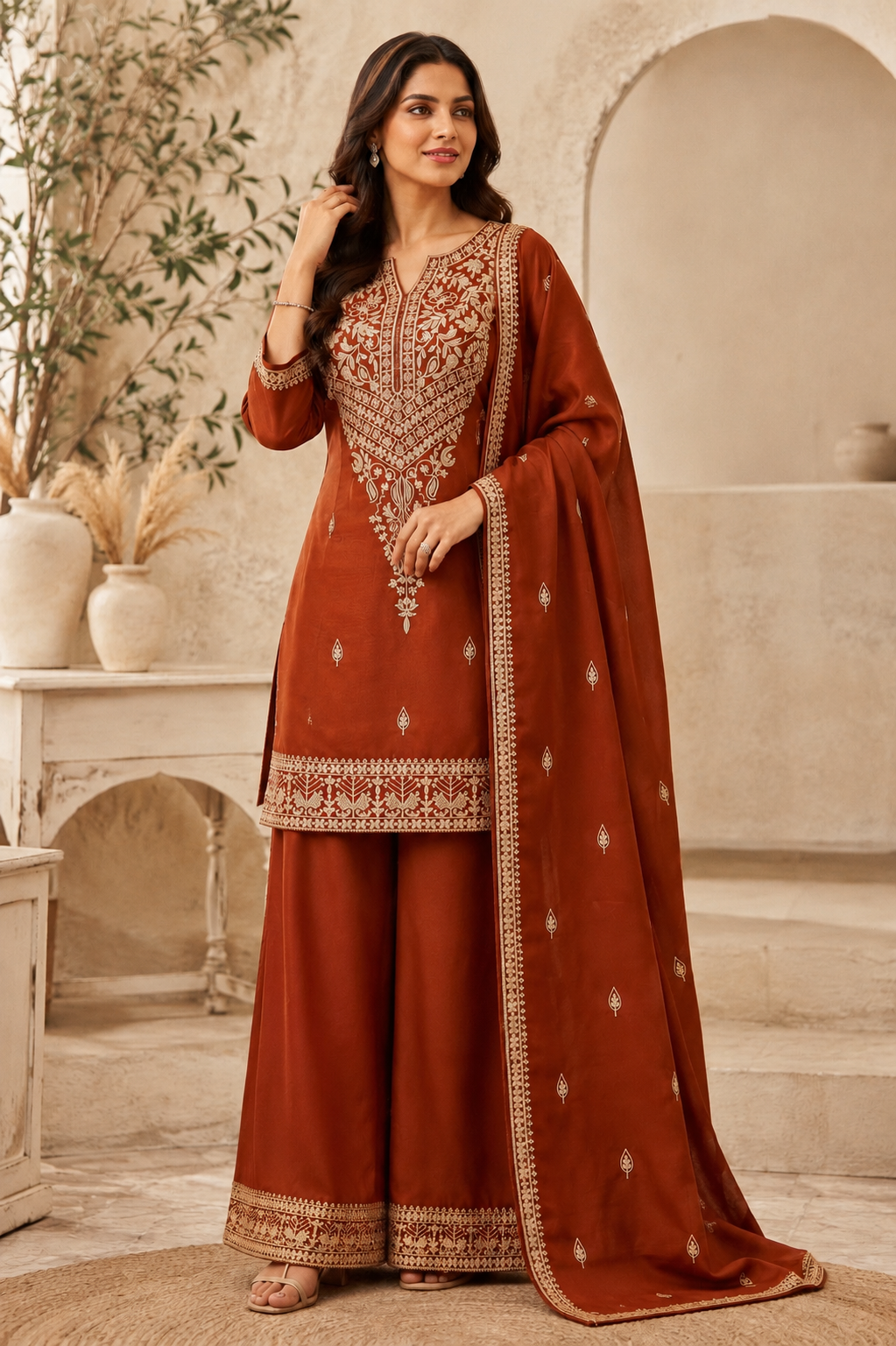 Chinon Silk Embroidered Kurti Palazzo Set with Dupatta
