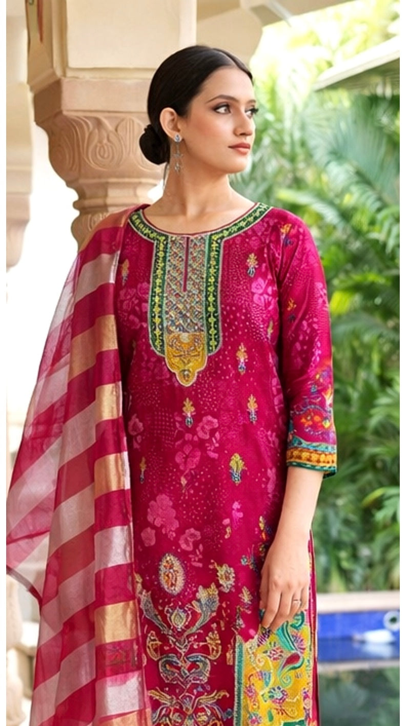 Elegant Dola Silk Position Print Suit Set with Jacquard Dupatta & Santoon Pants
