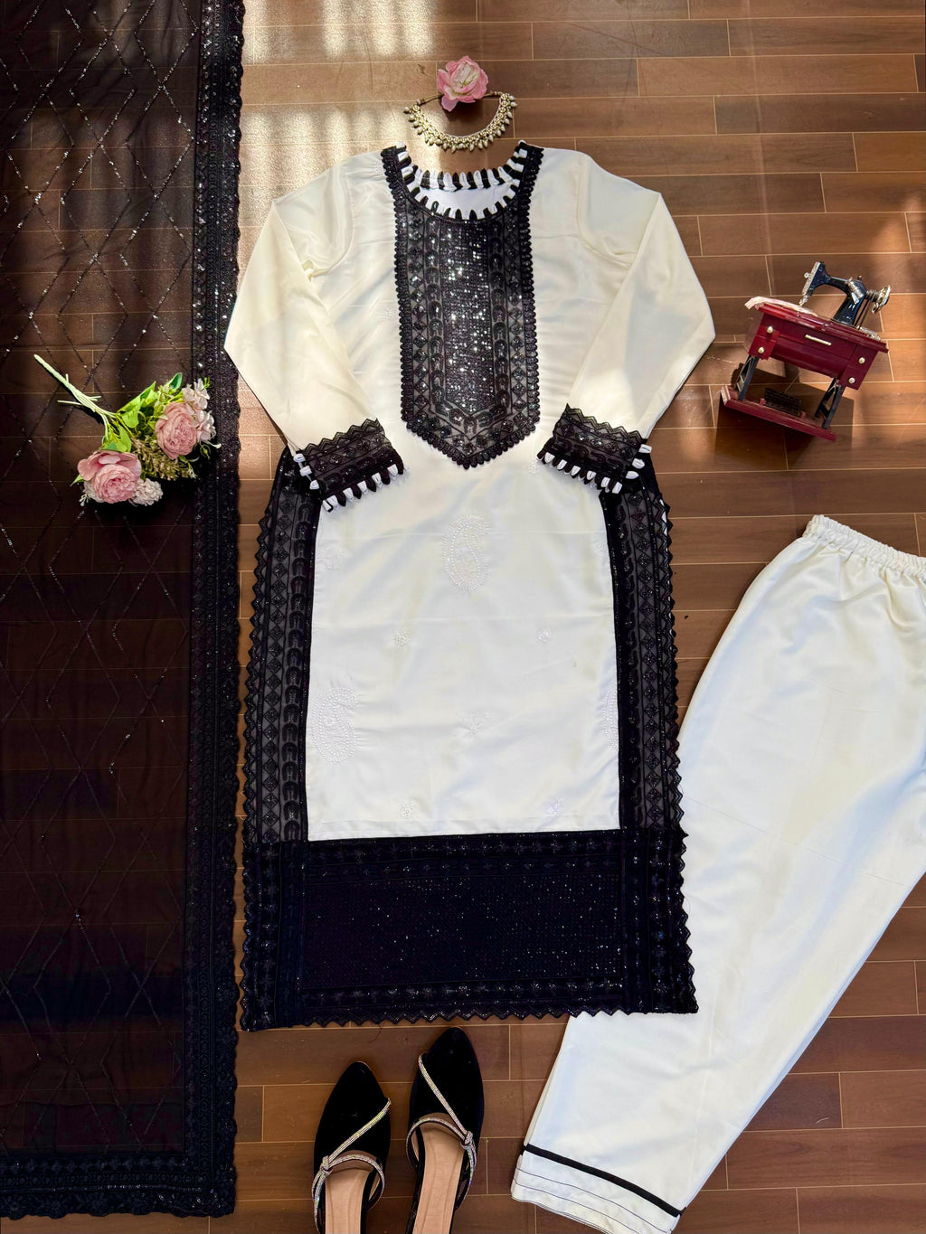 ✨ Designer Pakistani Suit Set – Elegant Black & White ✨
