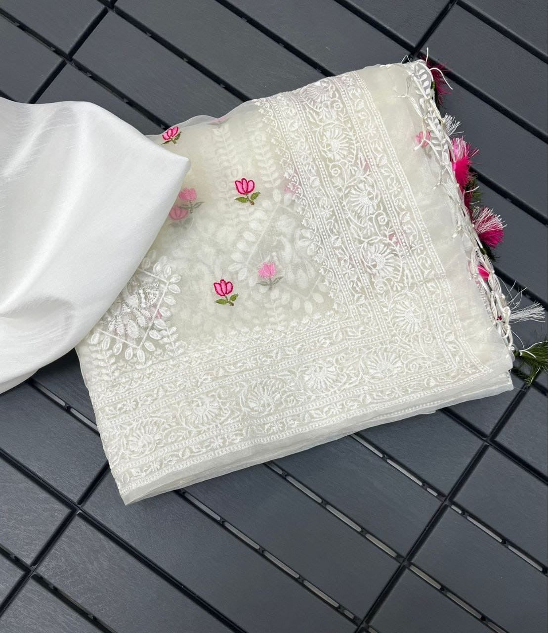 Soft Organza Lucknowi Embroidered Saree with Zari Work & Banglori Silk Blouse