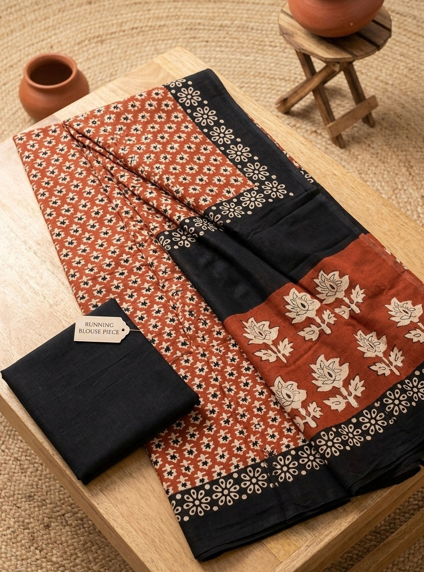 Terracotta Elegance Cotton Mulmul Saree💫