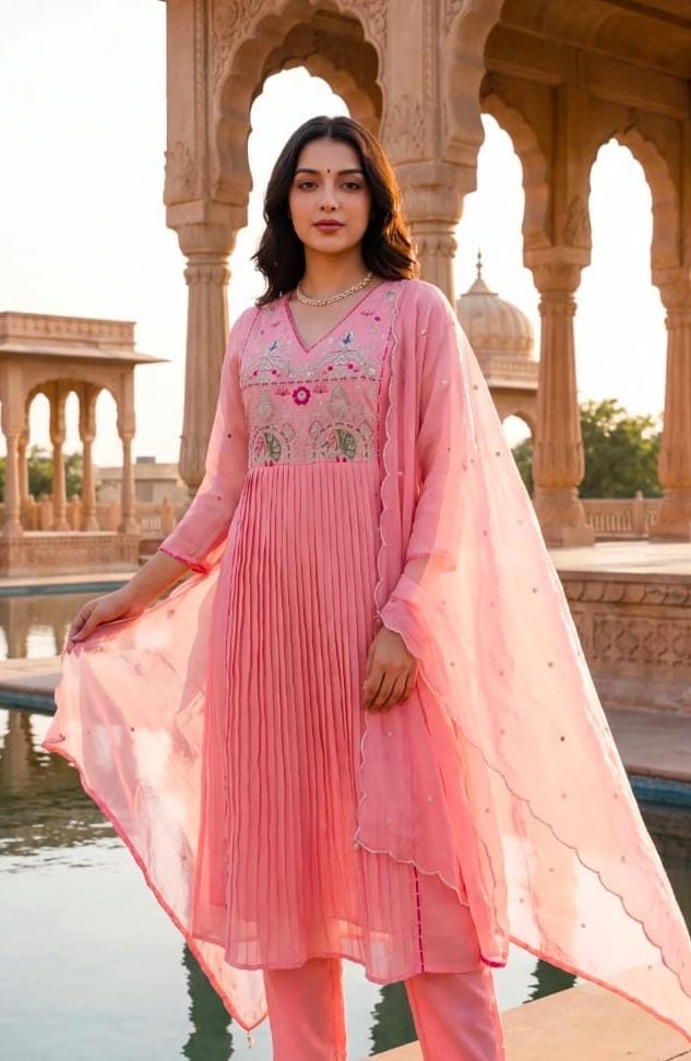 Gulnaar Pleated Anarkali Set with Dupatta