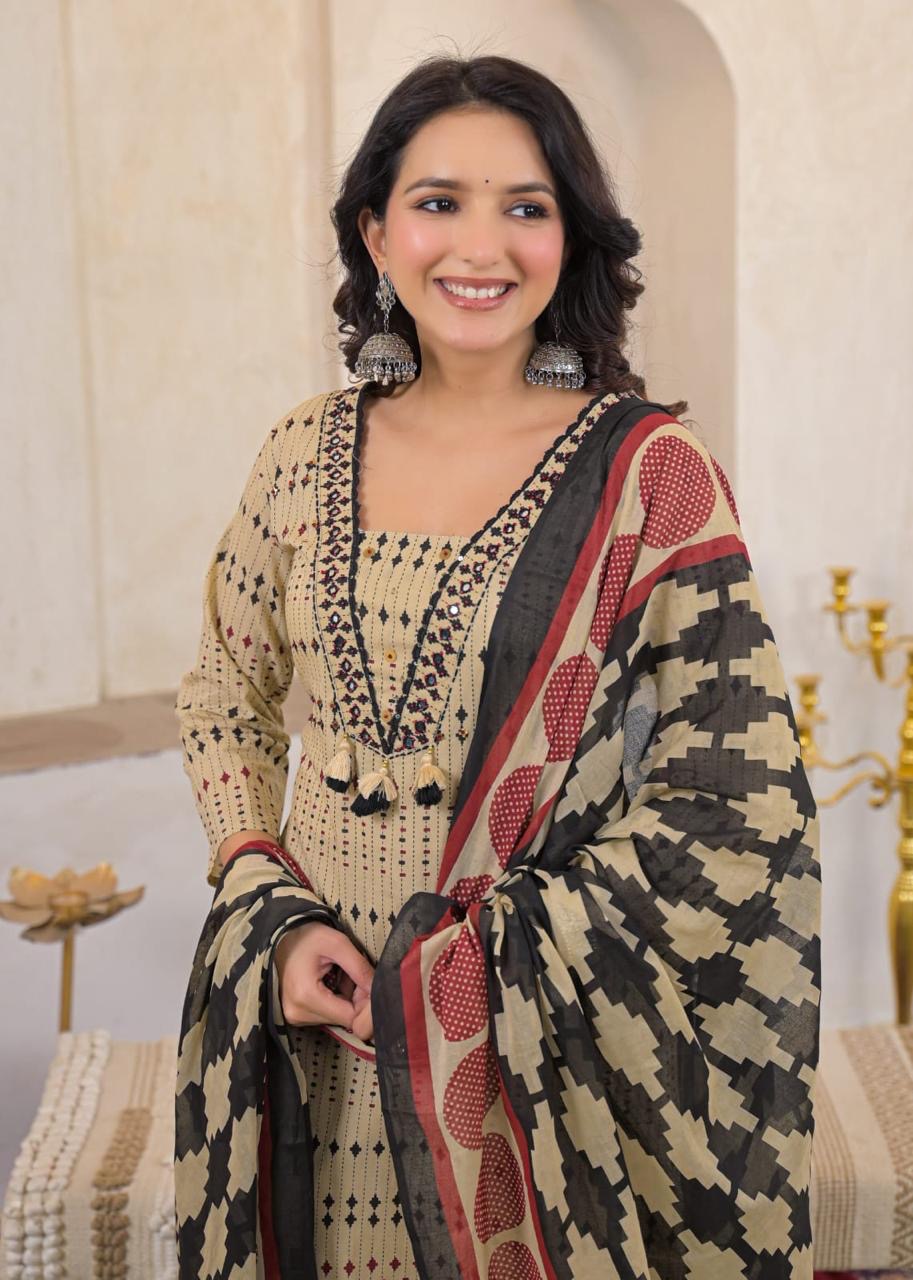 Premium Cotton Kurti Pant Dupatta Set with Mirror Work