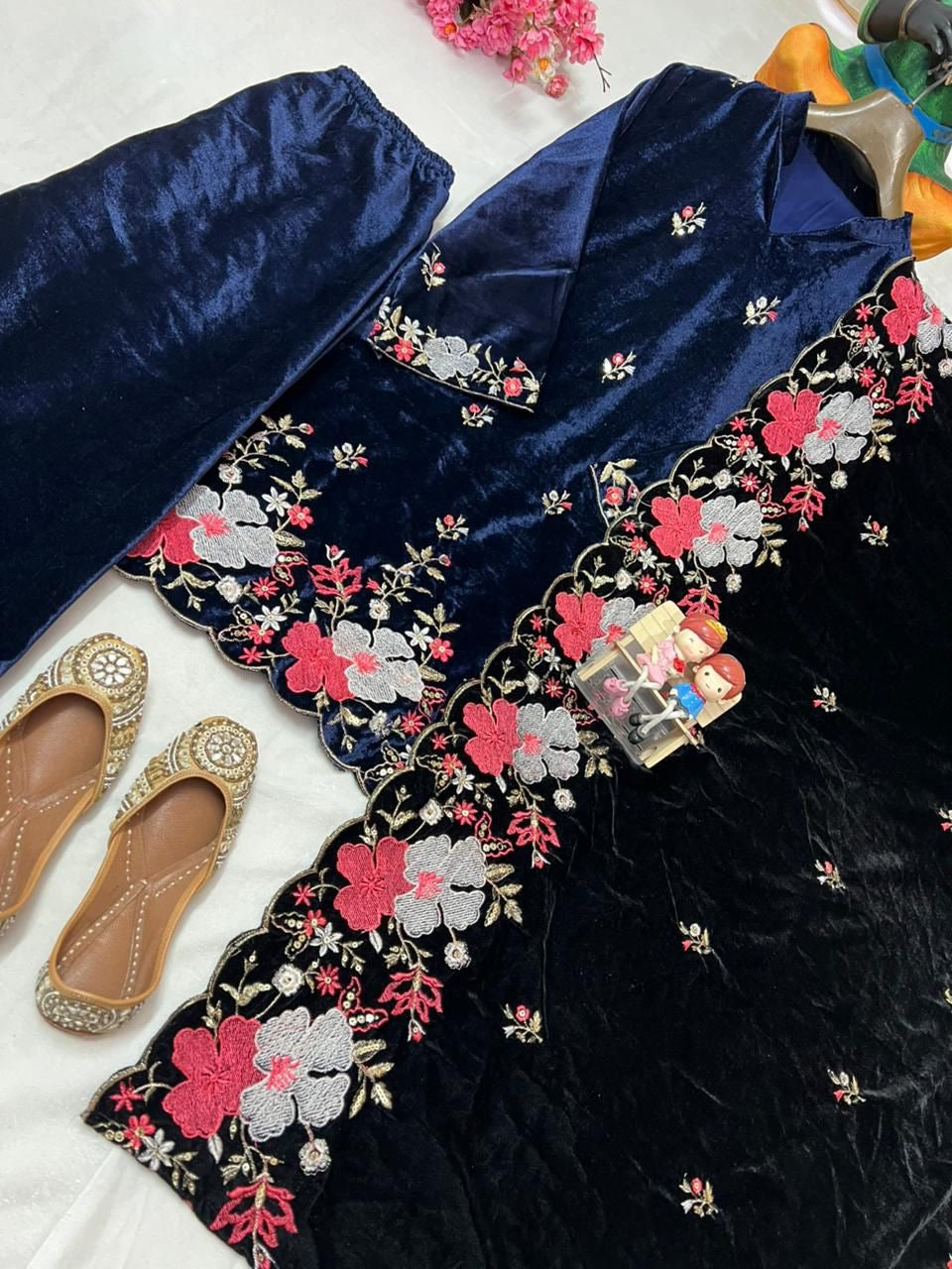 Velvet Kurta & Pant With Beautiful Sequins Embroidery Work