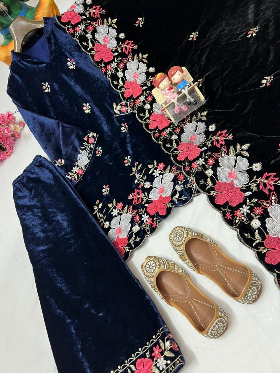 Velvet Kurta & Pant With Beautiful Sequins Embroidery Work