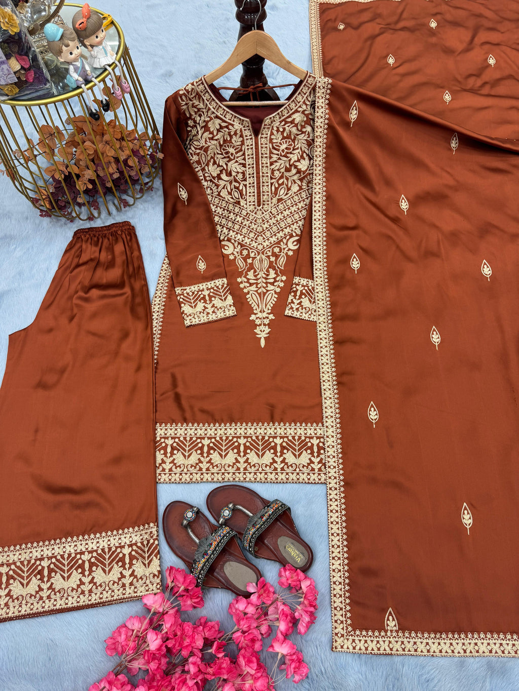 Chinon Silk Embroidered Kurti Palazzo Set with Dupatta