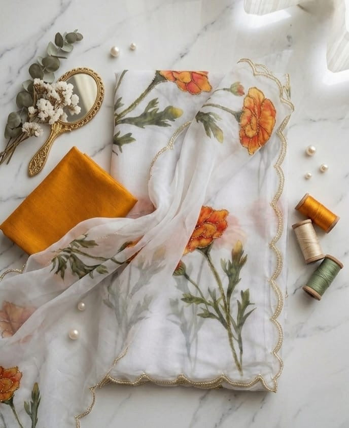 ✨ White London Floral Tabby Silk Organza Saree✨