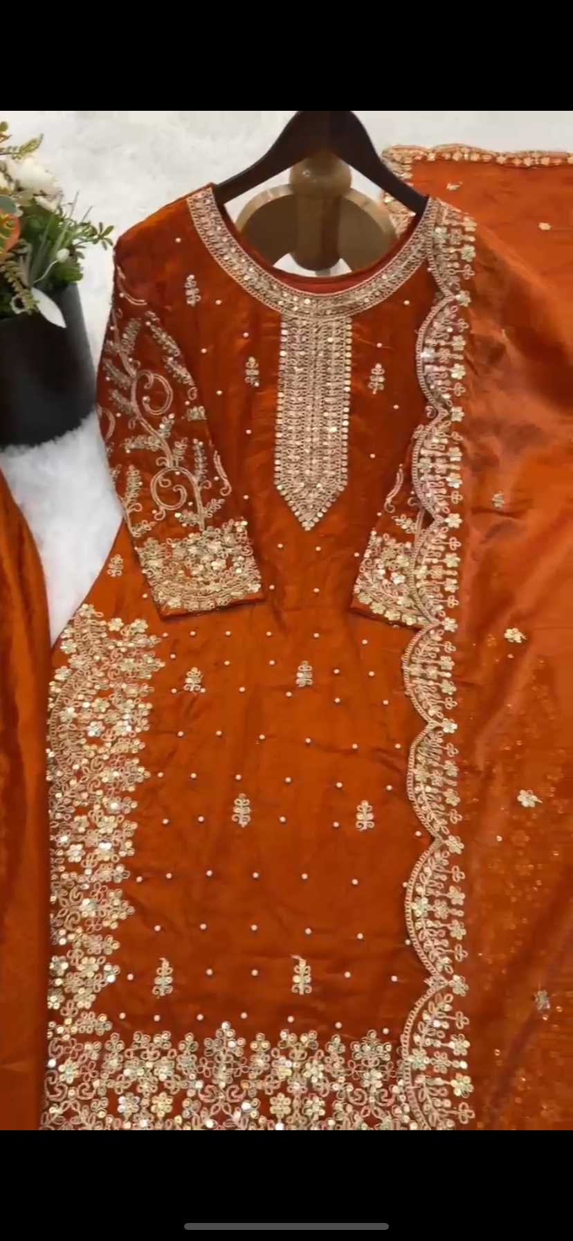 Rust Orange Fendy Silk Sharara Set with Coding & Sequins Embroidery