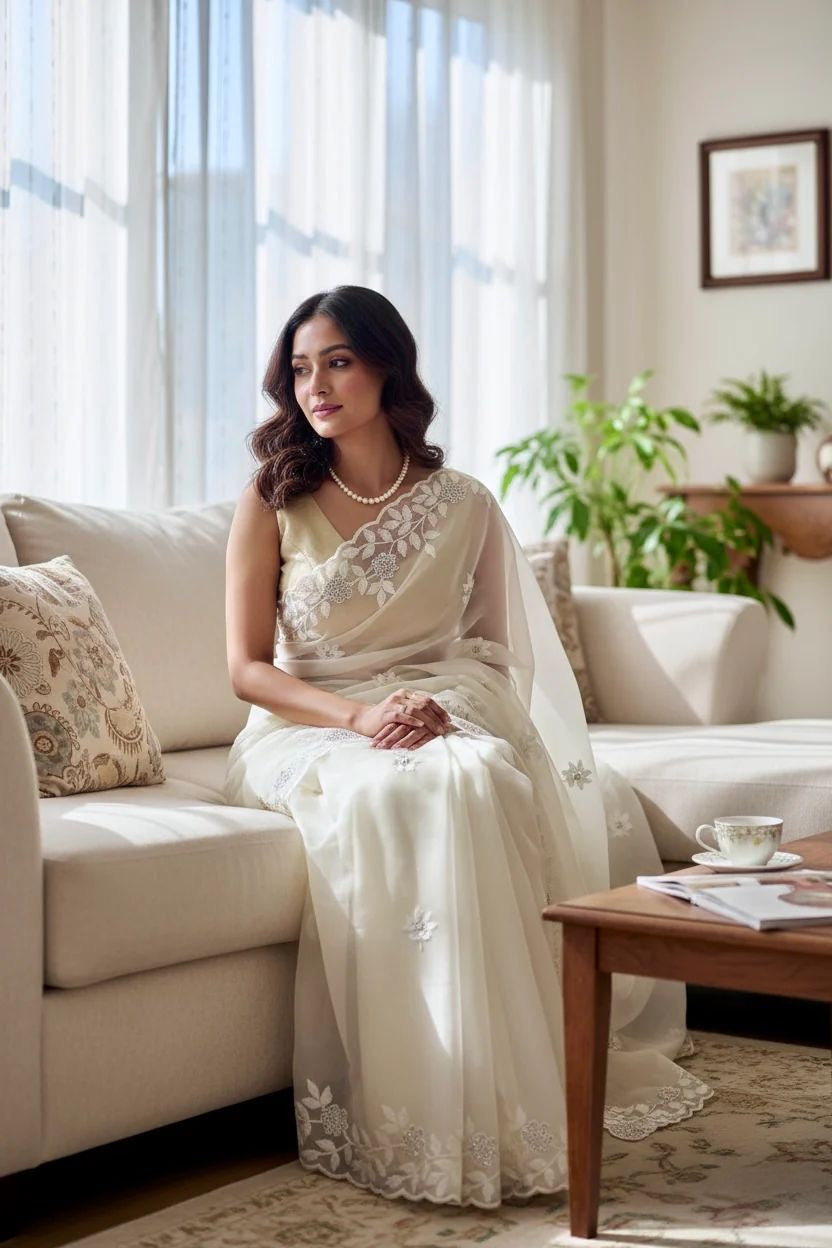 Elegant Pure Organza Saree with Thread & Siroski Work