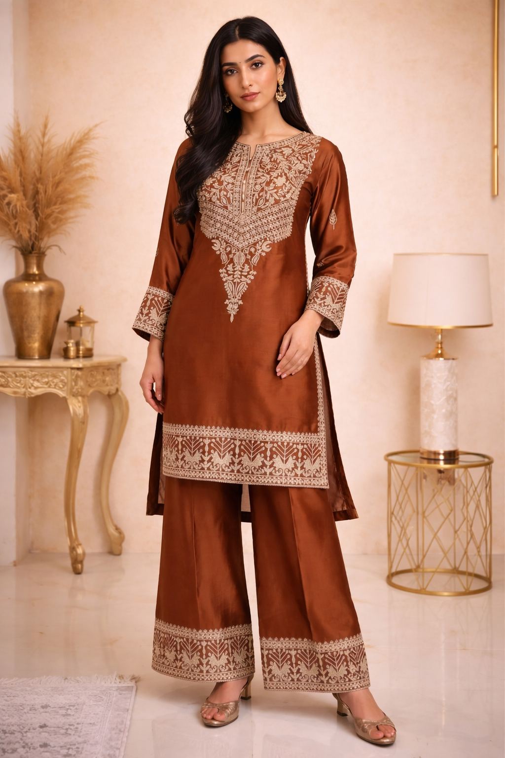 Chinon Silk Embroidered Kurti Palazzo Set with Dupatta