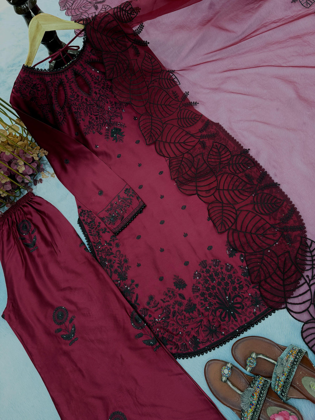 Designer Party Wear Satin Rayon Top, Palazzo & Dupatta Set ✨