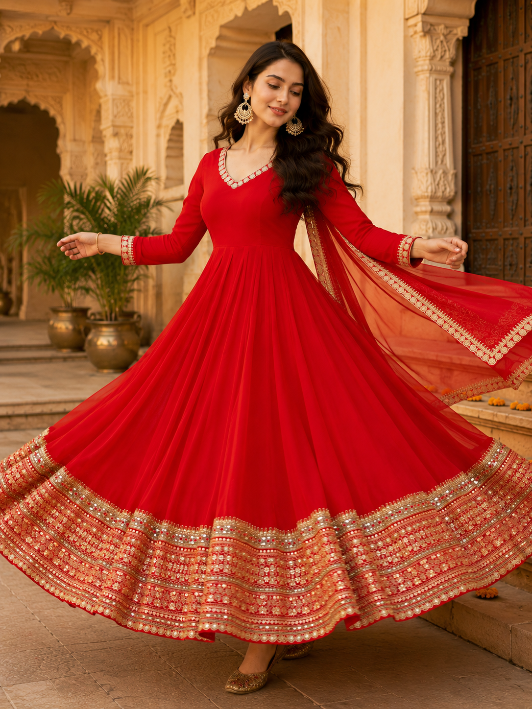 Royal Red Mirror Work Anarkali Suit Set
