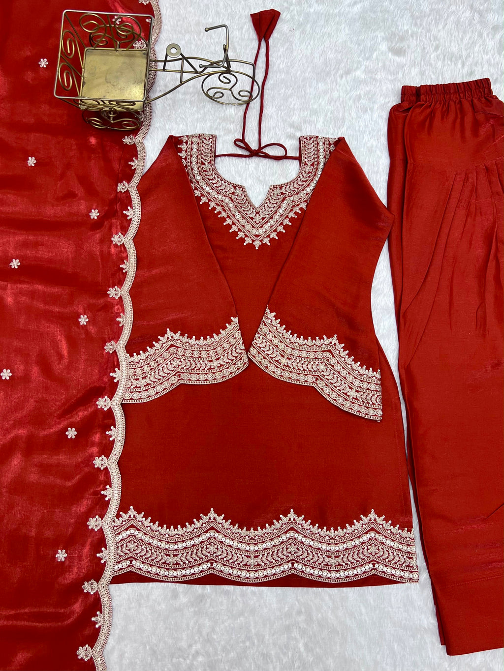 Rust Glass Roman Silk Embroidered Farshi Suit Set with Dupatta | House of Nazam