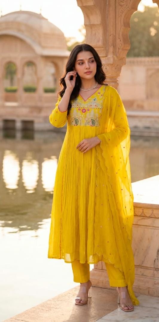 Gulnaar Pleated Anarkali Set with Dupatta