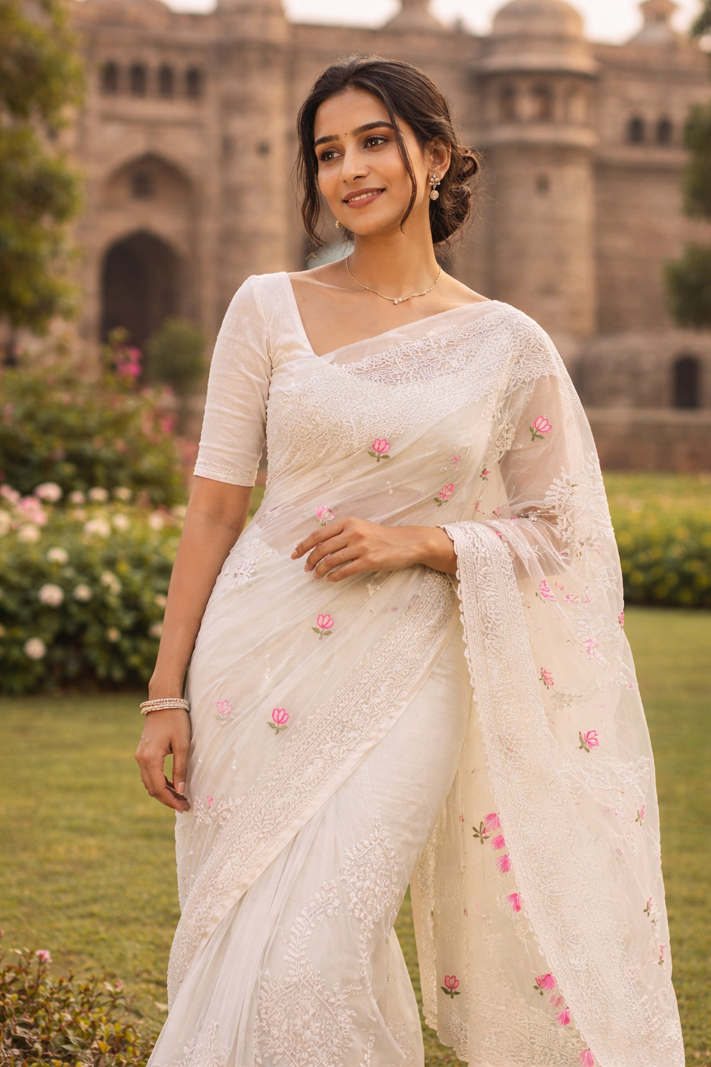 Soft Organza Lucknowi Embroidered Saree with Zari Work & Banglori Silk Blouse