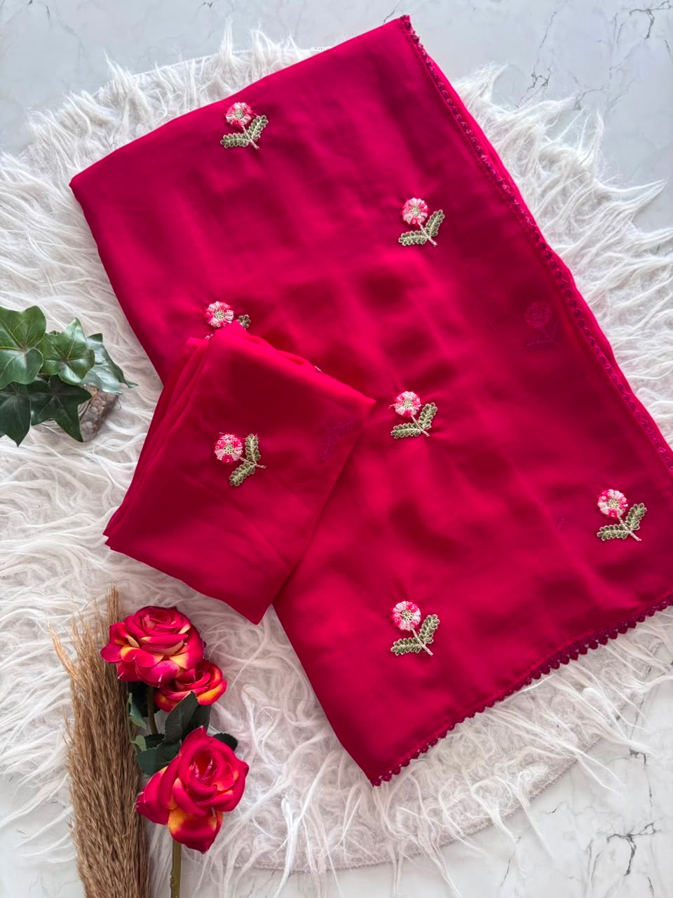 🌸 Premium Soft Georgette Saree with beautiful floral multi-thread butti work ✨