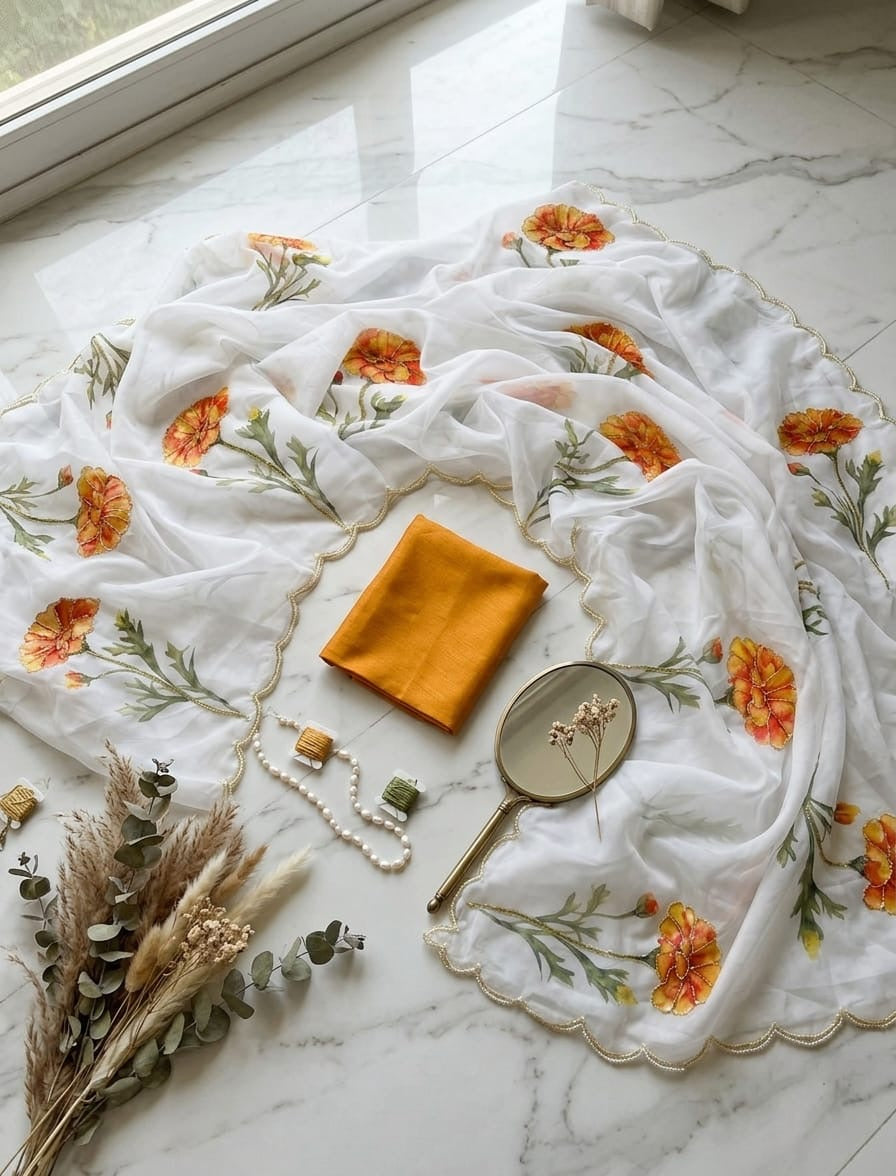 ✨ White London Floral Tabby Silk Organza Saree✨
