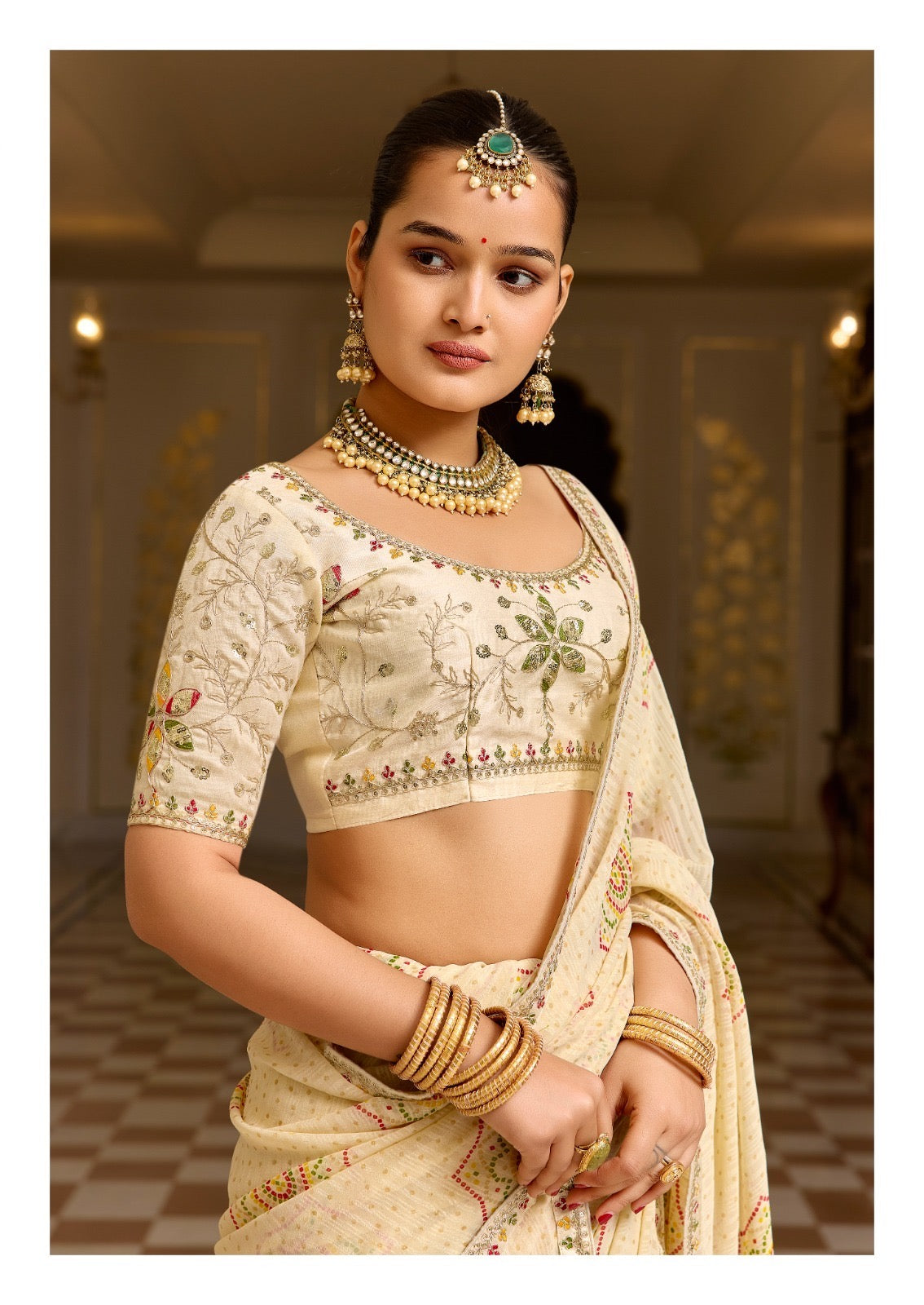 Georgette Embroidered Saree with Meena Border & Designer Blouse
